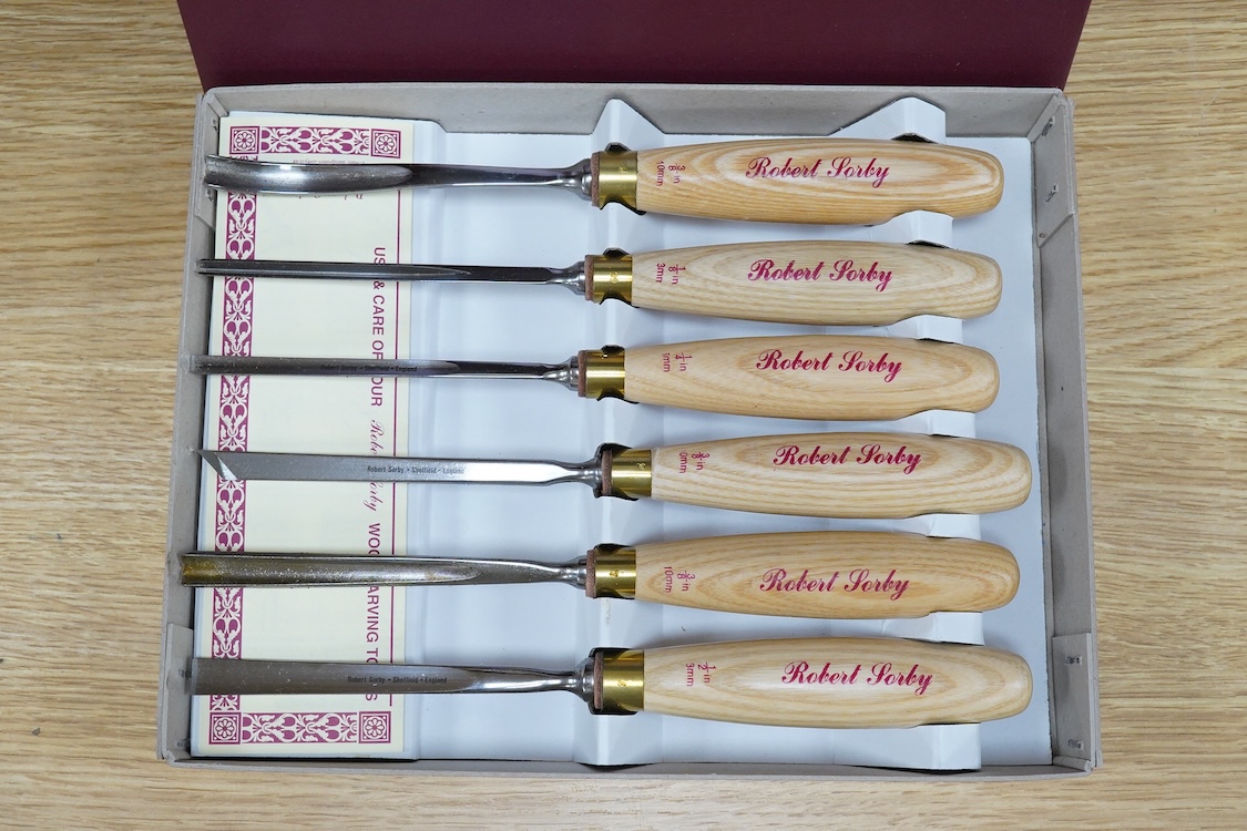 Three sets of Robert Sorby wood carving chisels, comprising a 12-piece set (No.612A), a 6-piece set (No.606), and a wooden case 12-piece micro carving set, all contained within fitted card boxes